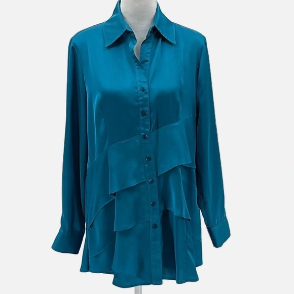 Finley Jenna Long Sleeve Satin Tiered Blouse in Turquoise - Size Small - Picture 2 of 10